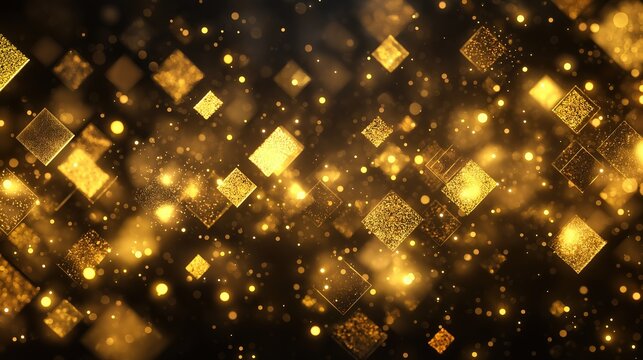 Golden sparkling squares and lights creating a dazzling background effect, perfect for celebrations and festive occasions, copy space for text. glow fx