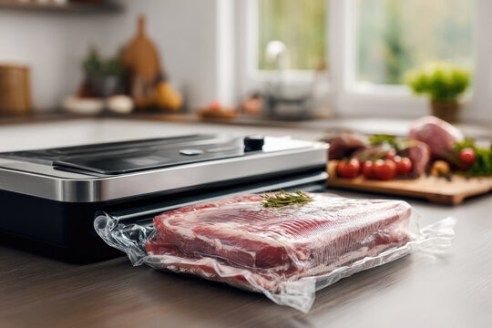 Vacuum-sealed meat package resting beside a modern vacuum sealer on a kitchen countertop, surrounded by fresh vegetables and herbs, showcasing food preservation techniques and culinary preparation