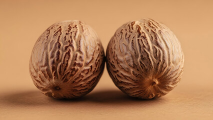 Obraz premium Two betel nuts on a beige surface, close-up shot.