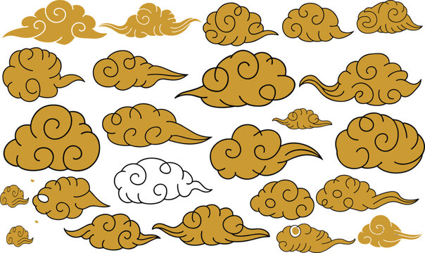 Hand drawn Chinese style clouds, swirling decorative cloud elements, traditional oriental sky motifs, line art doodle illustration collection design set