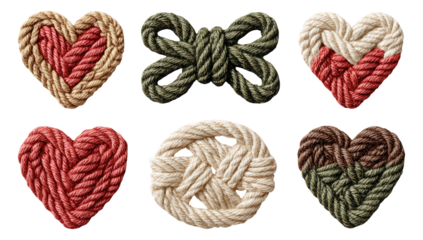 Colorful Twined Rope Heart and Bow Illustrations on Transparent Background