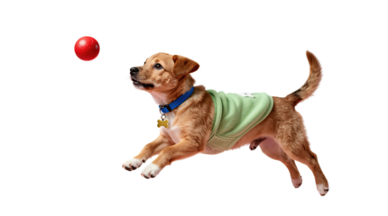 Playful dog in green shirt jumping for red ball