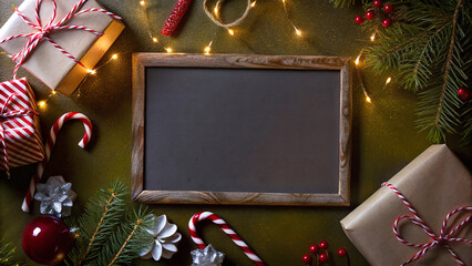 Festive holiday scene with wrapped gifts and blank chalkboard surrounded by Christmas decorations