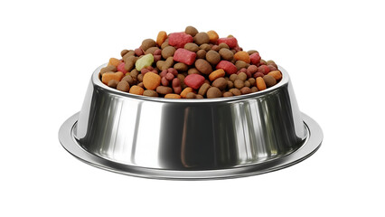 A stainless steel dog bowl filled to the brim with colorful kibble on a black background studio shot