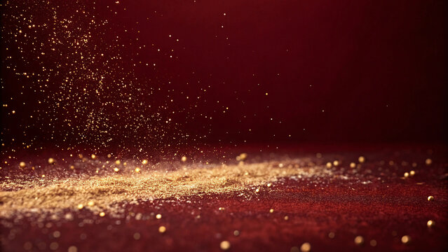 A minimalist dark red background with subtle gold dust and glitter, elegant luxurious mood, soft gradient, high resolution