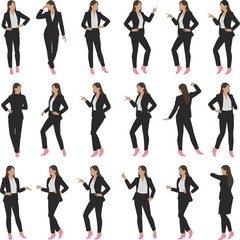 Set of businesswoman silhouette poses in various gestures, professional female character outlines for presentations, corporate design and marketing illustrations