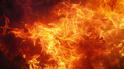 Intense orange and golden yellow flames dance and swirl in a fierce inferno, filling the entire frame with a dramatic and powerful display of intense heat and raw, untamed energy.

