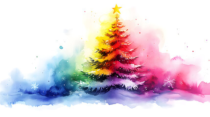 Colorful watercolor Christmas tree with vibrant hues and a star atop, perfect for holiday decorations and festive spirit
