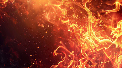 A bed of glowing orange embers crackles intensely as vibrant flames leap upward into the smoky air, while sparkling fire sparks dance across a dark and dramatic atmospheric night background.
