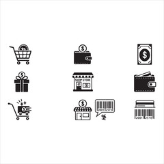 Shopping Icons Silhouette | Cart, Trolley, Wallet, Card, Store, Money, Gift, Delivery & Barcode Vector Set