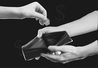 An empty wallet in female hands and a hand holding a coin in front with halftone effect,saving concept