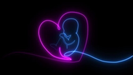 Baby embryo in womb one line drawing. Cute unborn fetus baby on mother womb isolated on white background, Baby embryo in womb in one continuous line drawing. Healthy pregnancy and neon line animation