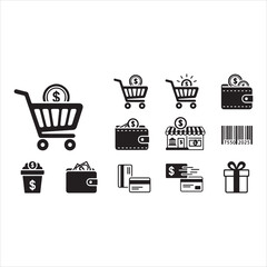 Shopping Icons Silhouette | Cart, Trolley, Wallet, Card, Store, Money, Gift, Delivery & Barcode Vector Set