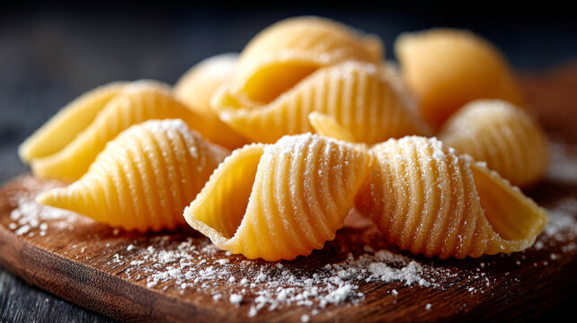 Close-up of uncooked pasta shells on rustic wooden surface.