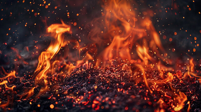 A bed of glowing orange embers crackles intensely as vibrant flames leap upward into the smoky air, while sparkling fire sparks dance across a dark and dramatic atmospheric night background.
 - Powered by Adobe