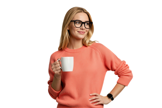 Portrait of a cheerful woman in glasses holding a cup - Powered by Adobe