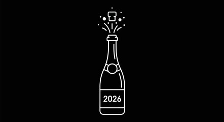 Celebratory champagne bottle popping with 2026 on the label, line art on black.