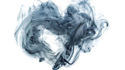Wisps of dark, swirling smoke elegantly intertwine against a stark white background to form the ethereal shape of a heart, beautifully capturing a fleeting and powerful moment of romantic symbolism.