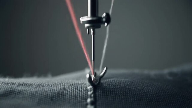 Close up of a sewing machine needle stitching red and white thread through fabric image photo