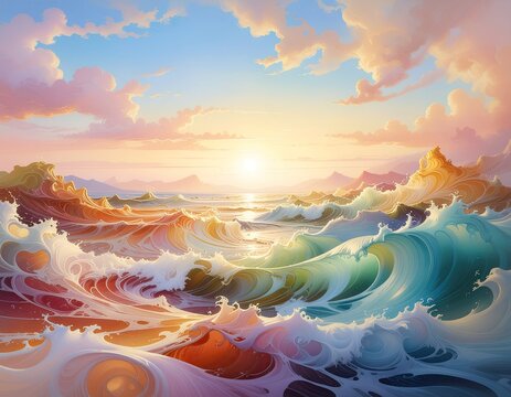 Ocean Waves Crashing at Sunrise with Golden Sunlight and Dramatic Clouds Over Coastal Landscape - Powered by Adobe
