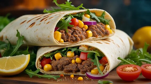 Delicious wrap food photography with fresh ingredients and warm lighting