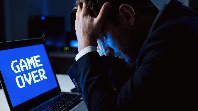 Stressed businessman staring at Game Over screen on laptop at night. Despairing man with credit cards and receipts facing financial failure or bankruptcy