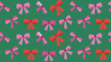 Obraz premium A seamless pattern of pink and red bows scattered on a green background for wrapping paper design