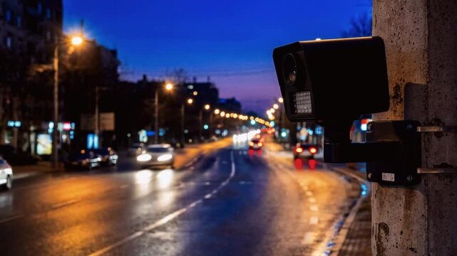 Speed camera monitoring traffic on a busy city street at night. Timelapse of vehicles creating light trails behind a surveillance device. Road safety and law enforcement concept
