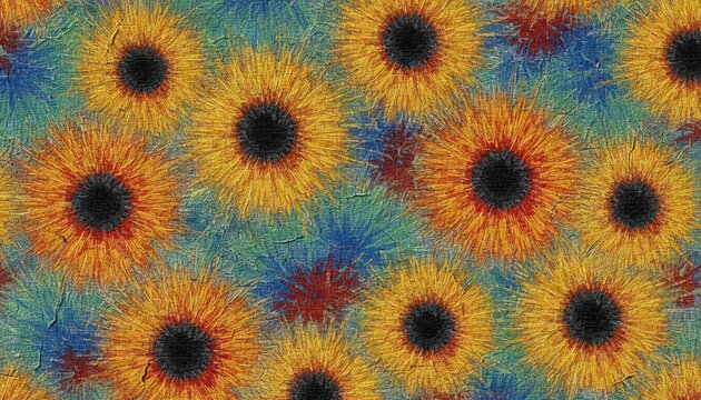 Abstract Pattern of Numerous Golden Yellow and Blue Sunflowers with Black Centers Detailed Texture Background - Powered by Adobe