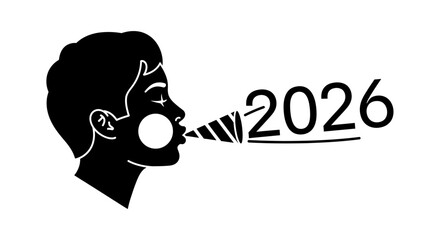 Silhouette of a person blowing a party horn with the year 2026 next to it.