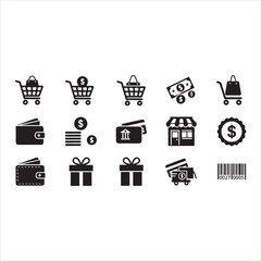 Shopping Icons Silhouette | Cart, Trolley, Wallet, Card, Store, Money, Gift, Delivery & Barcode Vector Set