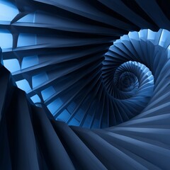 Curved metal spiral staircase with blue background