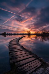 Curved wooden walkway over calm water during sunset