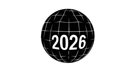 Black globe with white grid and the year 2026 in white letters.