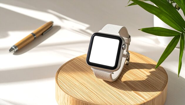 Minimalist smartwatch displayed on a wooden stand with a pen and plant in the background, emphasizing modern technology and lifestyle