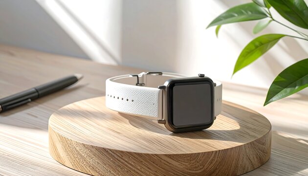 Modern smart wearable device on a wooden pedestal with green plant and pen