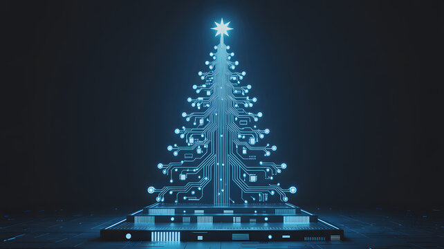 Futuristic Christmas tree made of circuit boards and a star, perfect for tech-themed holiday greetings or innovative business marketing materials