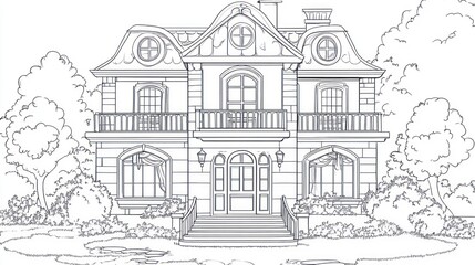 Elegant drawing of a grand house in a garden