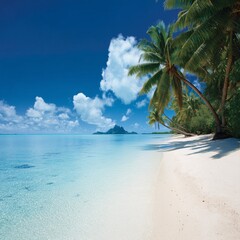 Palm trees and a volcano on an island.