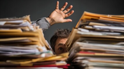 An individual faces an overwhelming mountain of paperwork, representing the immense stress and chaos of the workplace