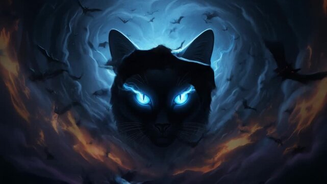 Mystical black cat with glowing blue eyes and lightning surrounded by flying bats and dark clouds.