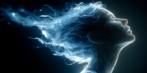 Digital human face with flowing data lines on dark background