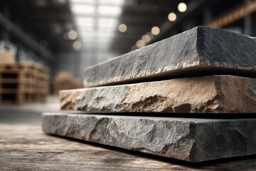 Stack of Natural Stone Slabs in Industrial Warehouse