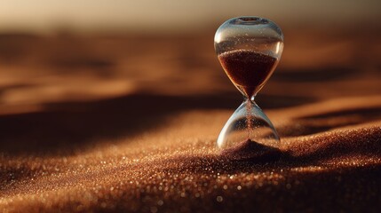 Hourglass in golden sand desert at sunset
