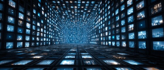 Dark Surveillance Room Lined with Glowing Blue Screens