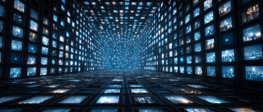 Dark Surveillance Room Lined with Glowing Blue Screens