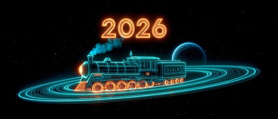 Futuristic Neon Train Riding Planet Rings in 2026