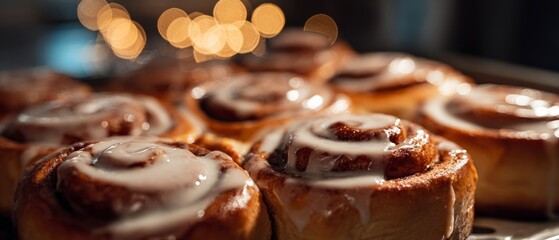 Fresh cinnamon rolls with icing and honey drizzle
