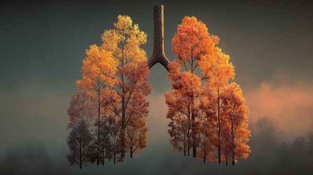 Lungs shaped from autumn trees symbolizing nature and breath - Powered by Adobe