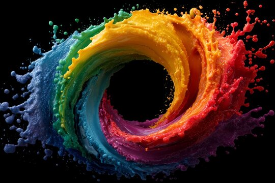 Vibrant circular rainbow paint splash on black - Powered by Adobe